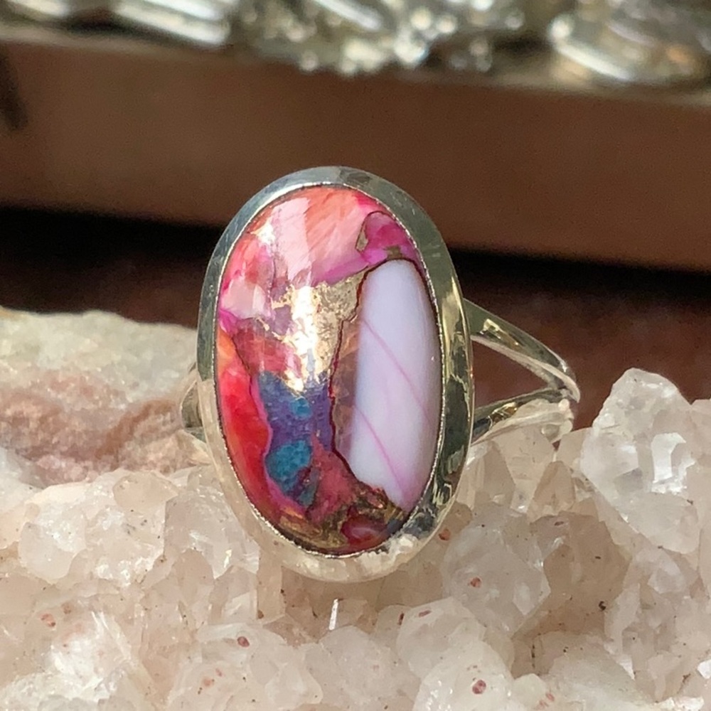 KINGMAN ORANGE DAHLIA TURQUOISE 925 STERLING SILVER RING, SIZE 7.5
